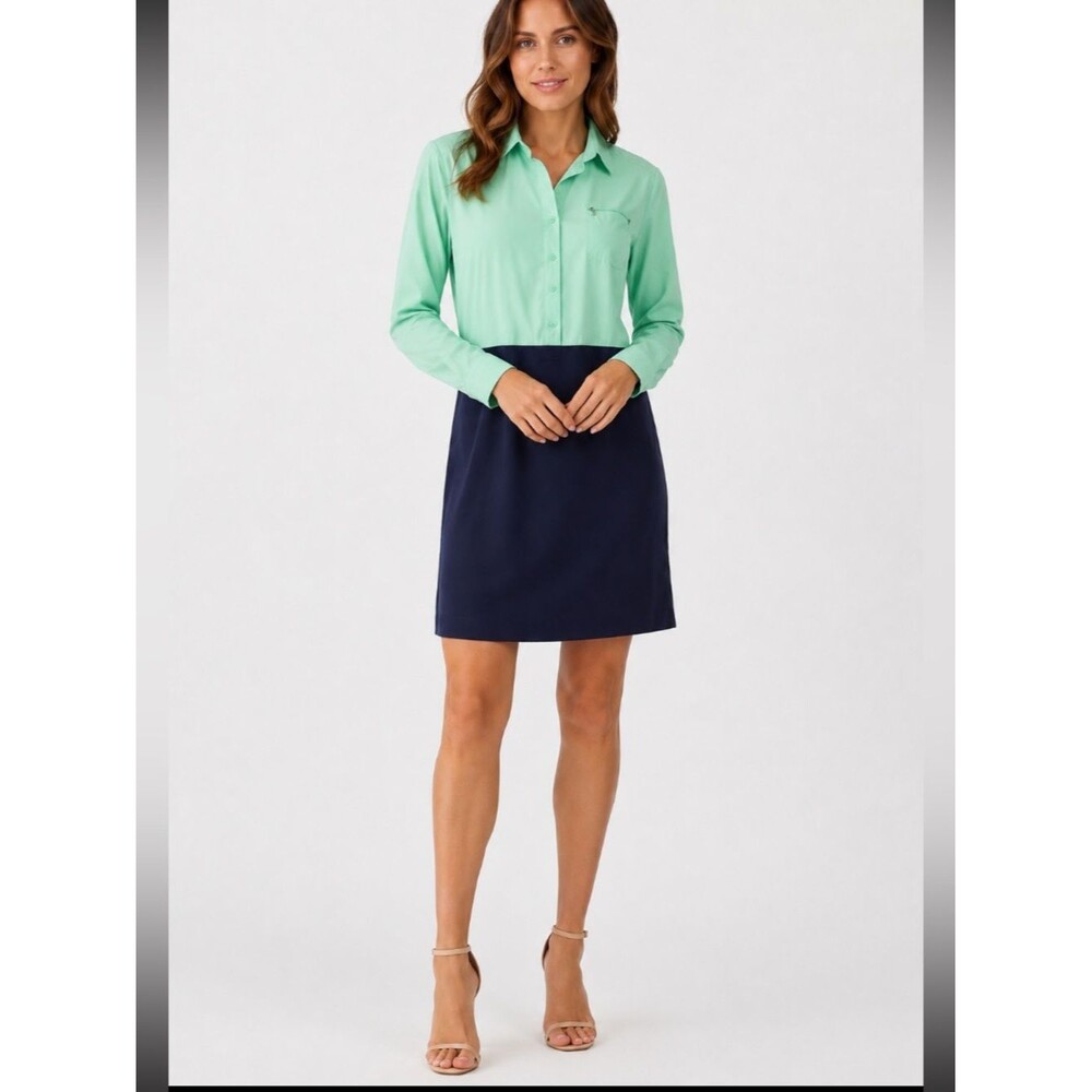 ZAC POSEN Navy Blue Green One Piece Long Sleeve Dress